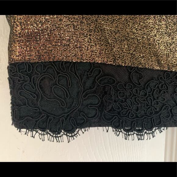 Tory Burch Metallic Gold Pencil Skirt w Black Lace Trim - Picture 5 of 16